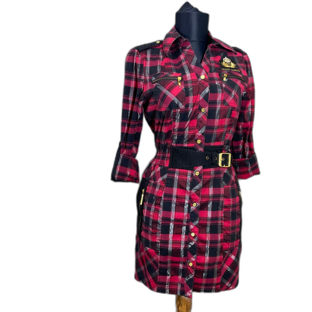 Coogi plaid mini Dress Women’s S Military Grunge snap buttons zip pockets